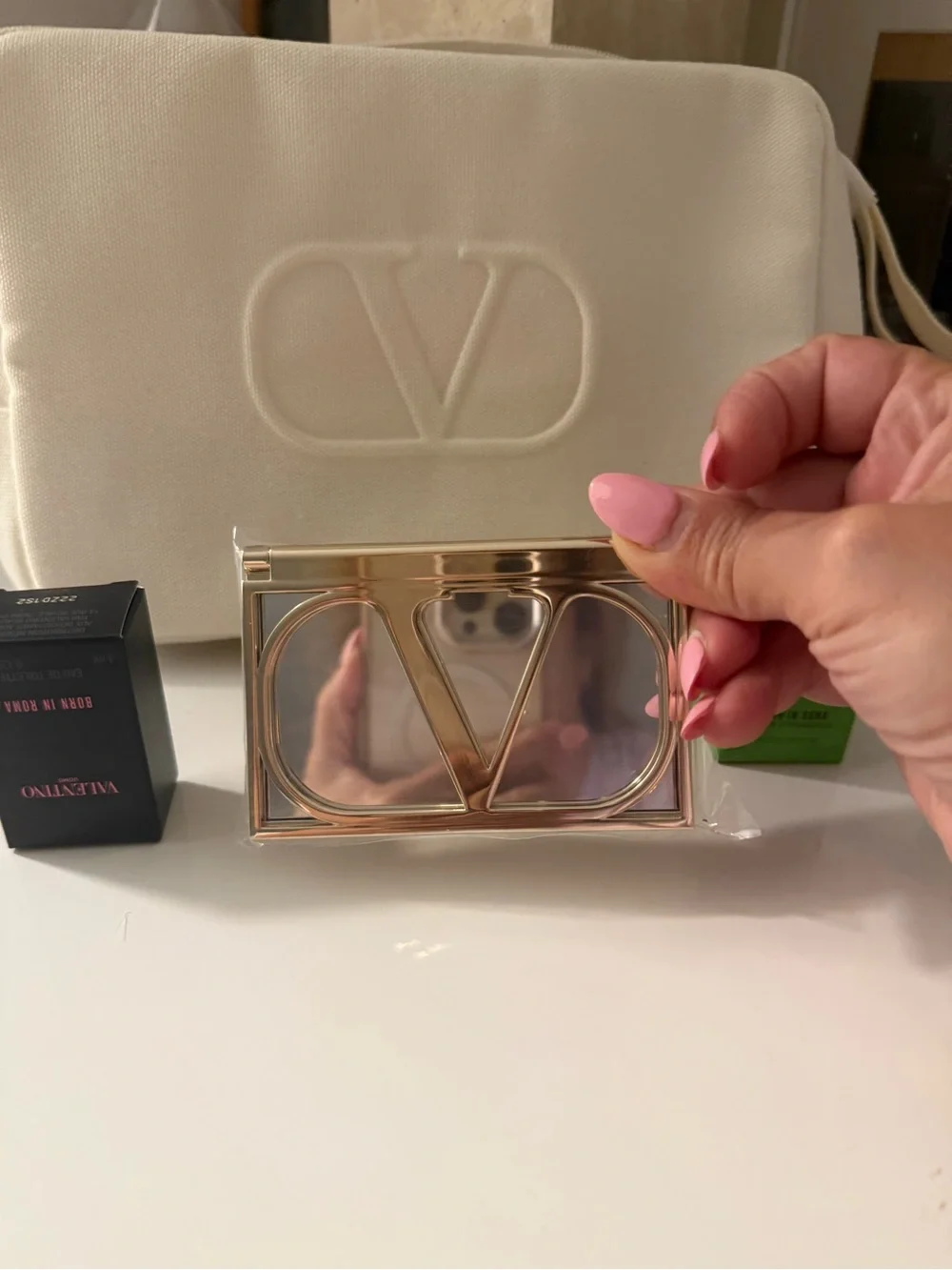 Valentino Cream Embossed Logo Crossbody Bag - Cream with V mirror and minis